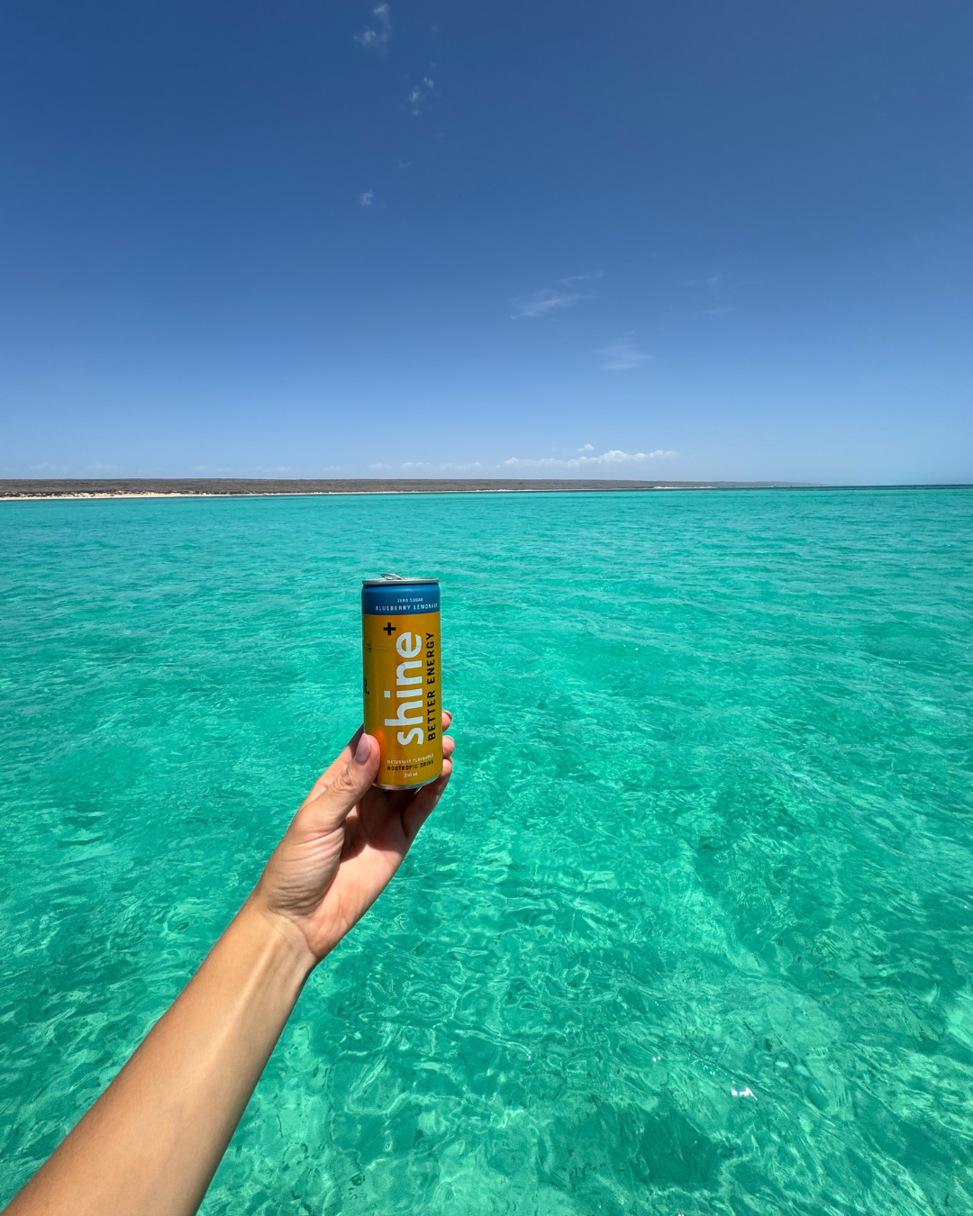Hand holding a can of nootropic drink over clear blue ocean water under sunny sky