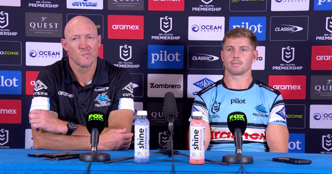 NRL press conference with two team members, shine hydration nootropic drinks on table