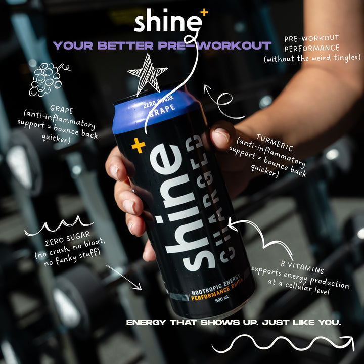 Hand holding Shine+ Charged nootropic energy drink can in gym, highlighting zero sugar, grape flavor, turmeric, B vitamins, and pre-workout benefits.