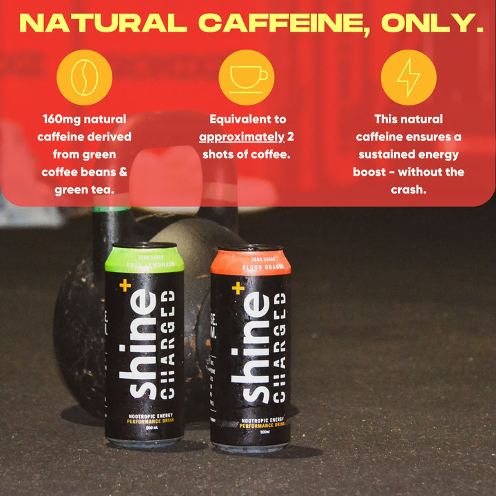 Two cans of nootropic energy drink with natural caffeine in a gym setting, emphasizing low sugar and brain-boosting benefits.