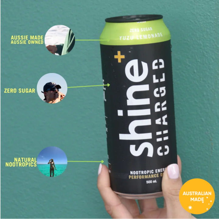 Hand holding Shine+ Charged nootropic energy drink can, yuzu lemonade flavor, zero sugar, Australian made, natural nootropics