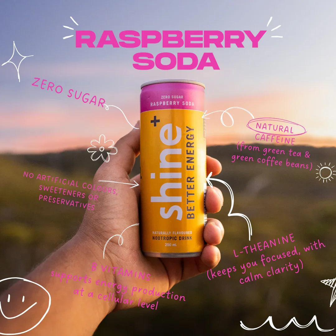 Shine Nootropic Energy Drink - Raspberry Soda 24 x 250ml – Shine+ Drink
