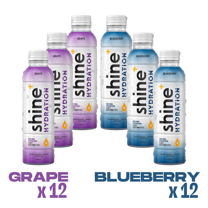 Shine Hydration drinks in grape and blueberry flavors, 500ml bottles with water drops, natural hydration with electrolytes.