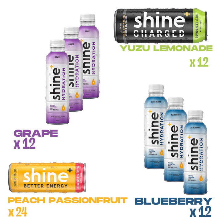 Assorted Shine+ hydration and energy drinks in grape, blueberry, peach passionfruit, and yuzu lemonade flavors