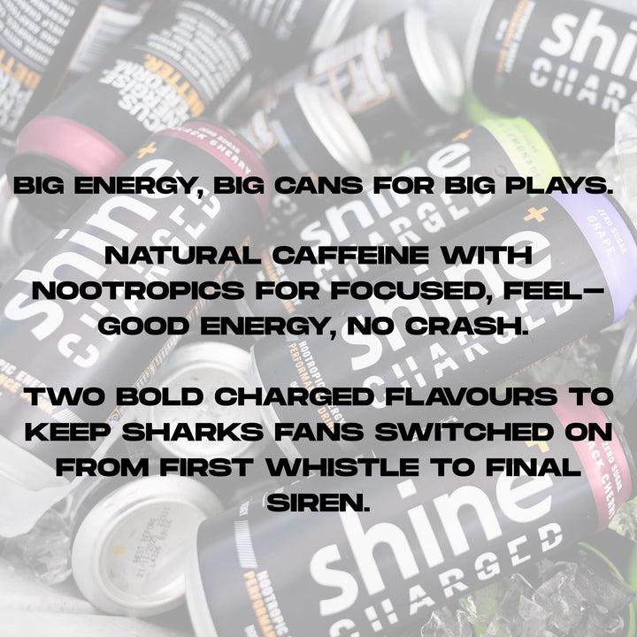 Assorted nootropic energy drink cans with bold text promoting natural caffeine and focus benefits.