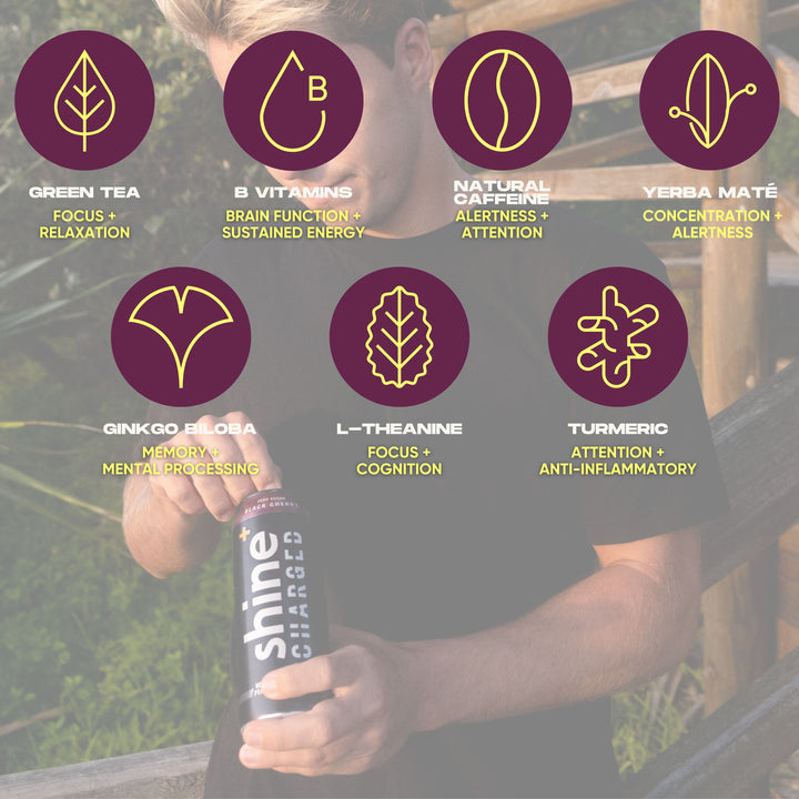 Person holding can of nootropic drink; highlights green tea, B vitamins, caffeine, yerba maté, ginkgo biloba, l-theanine, turmeric benefits.