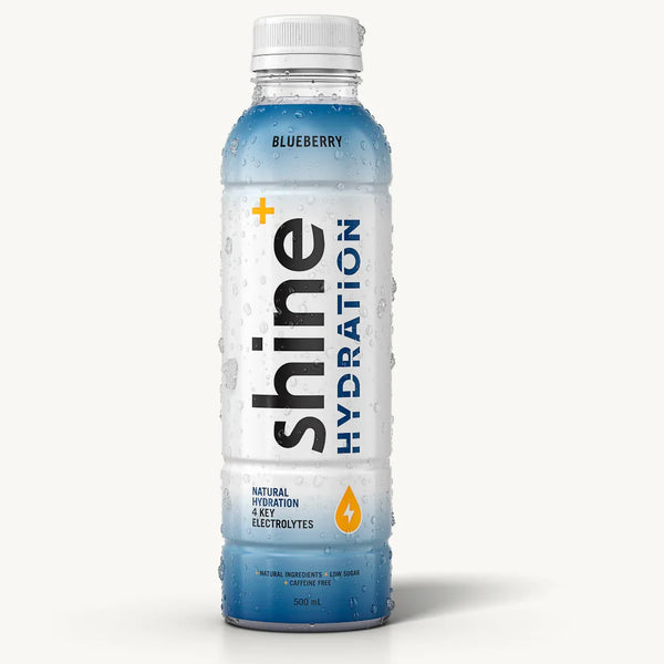 Blueberry hydration drink bottle with water droplets, natural ingredients, low sugar, 500mL