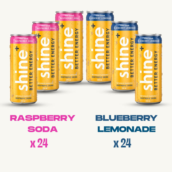 Assorted cans of zero sugar nootropic drink in raspberry soda and blueberry lemonade flavors, 24 pack each.