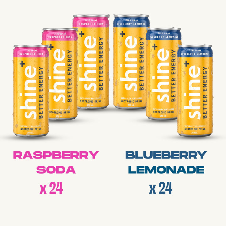 Assorted cans of zero sugar nootropic drink in raspberry soda and blueberry lemonade flavors, 24 pack each.