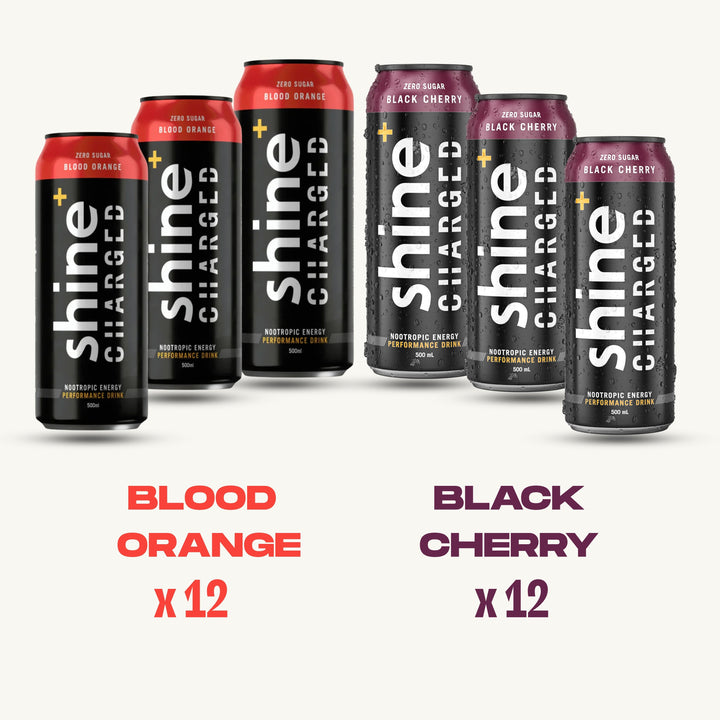 Bundle of nootropic energy drinks, 12 Blood Orange and 12 Black Cherry 500ml cans.