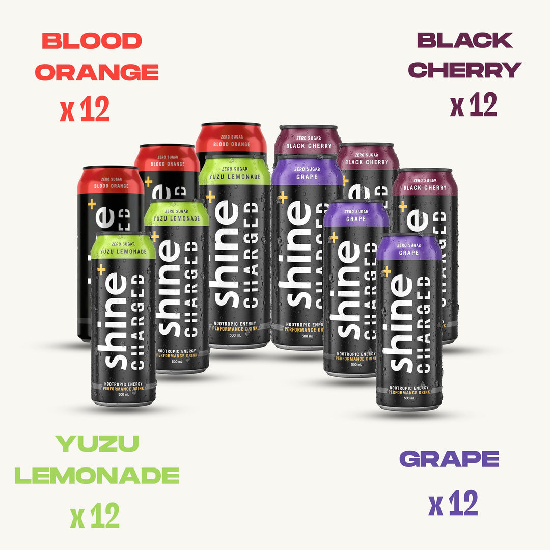 Variety pack of nootropic energy drink cans in Blood Orange, Black Cherry, Yuzu Lemonade, and Grape flavors, 12 cans each