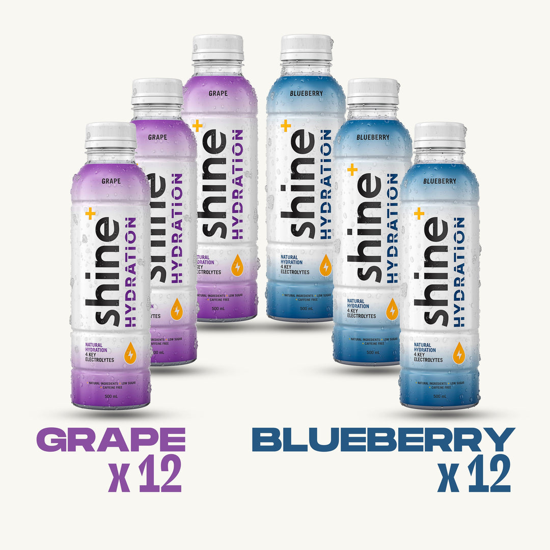 Shine Hydration bottles in grape and blueberry flavors, 12-pack each, with electrolytes.