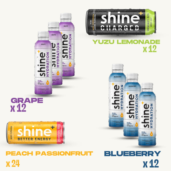Assorted bottles and cans of nootropic drinks in grape, blueberry, yuzu lemonade, peach passionfruit flavors
